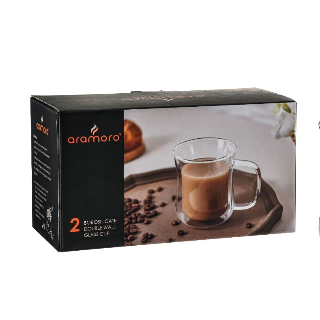 Aramoro Borosilicate Glass Double Wall Cup With Handle 2Pcs/Set - Image 5