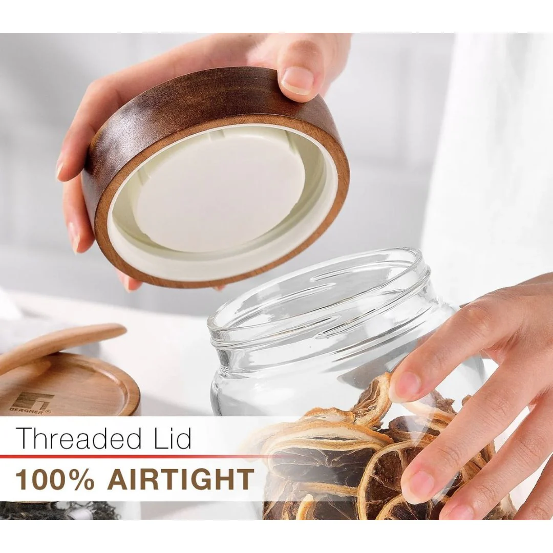 Lustroware High Borosilicated Stripes Glass Storage Jar with Acacia Lid - Image 4