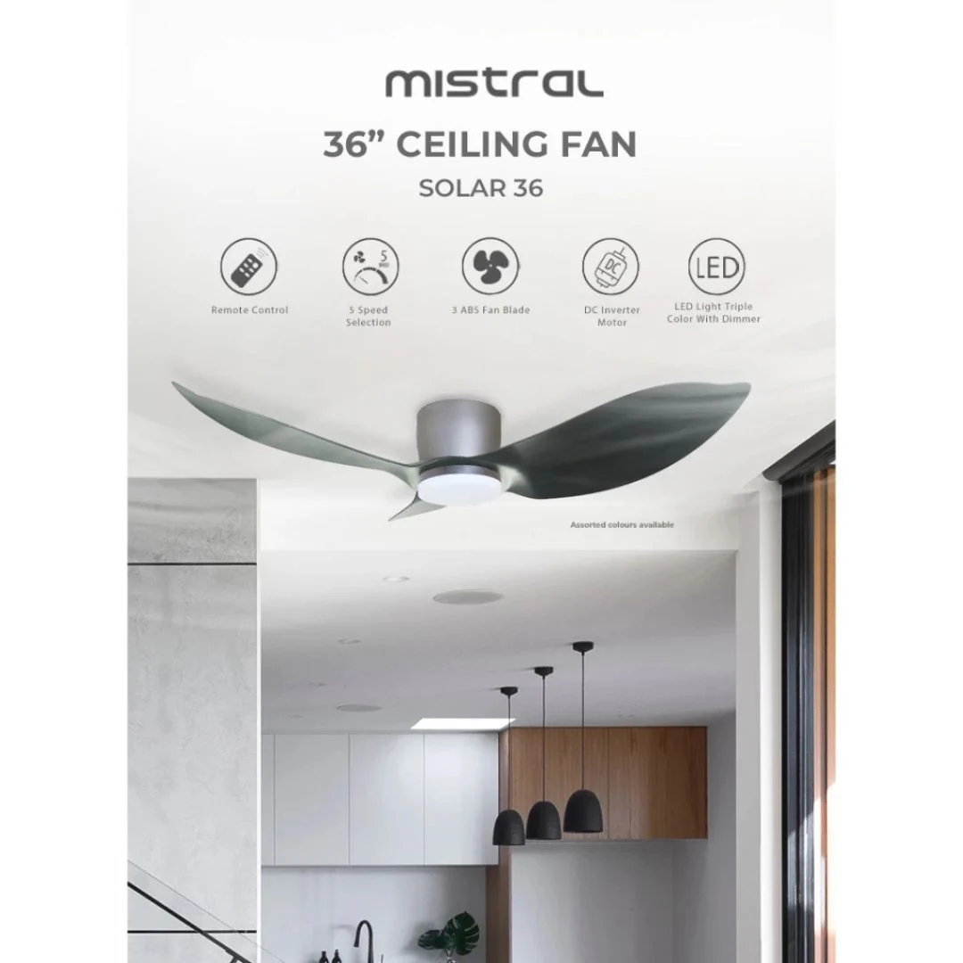 Mistral Ceiling Fan-36",Hugger, (DC40,L24W) Solar36-BK/GY Black/Grey - Image 3