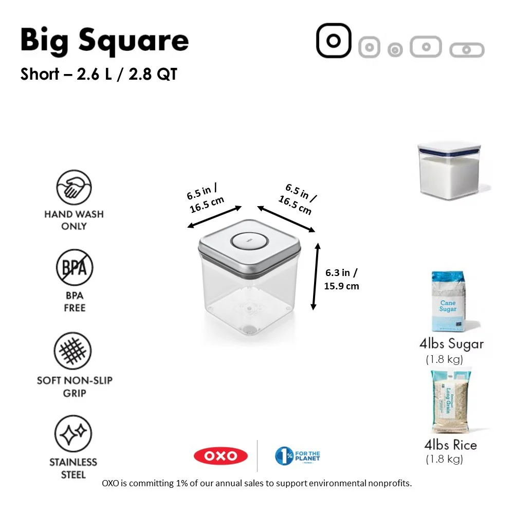 OXO SteeL POP Container Stainless Steel Big Square - Short, 2.6 L - Image 8