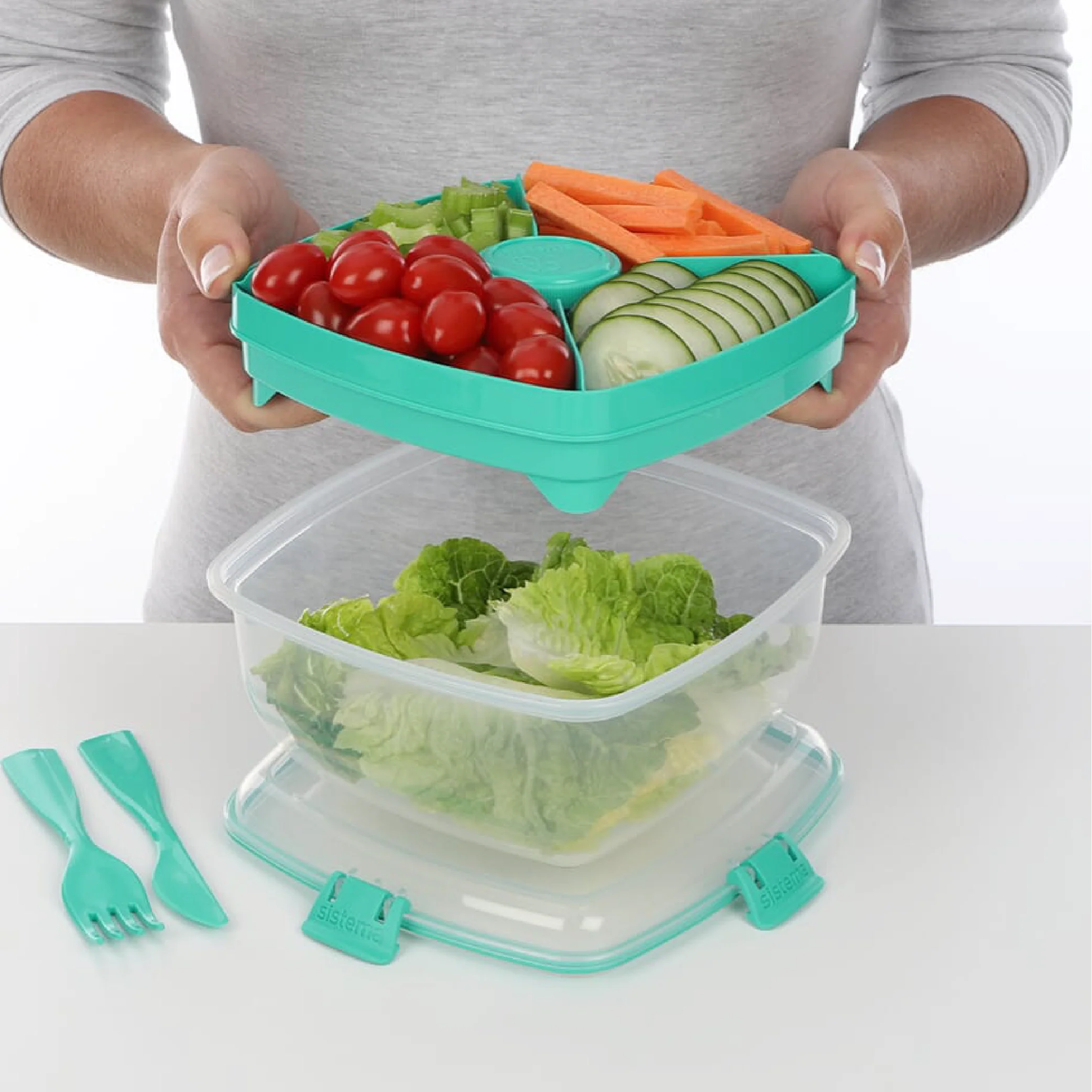 SISTEMA Salad To Go Box With Dividers Container For Dressing And Cutlery - Image 6