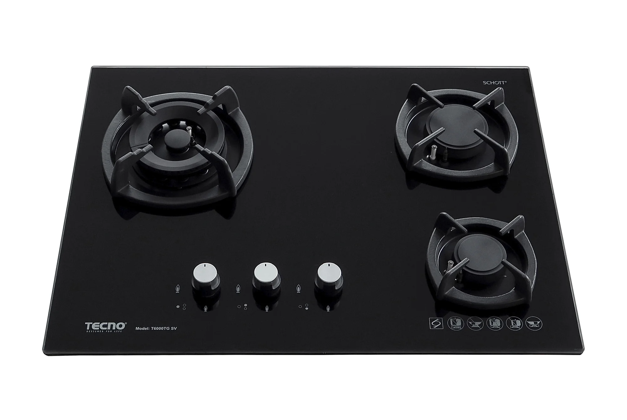 Tecno 3-Burner 65cm Glass Cooker Hob with Inferno Wok Burner Technology