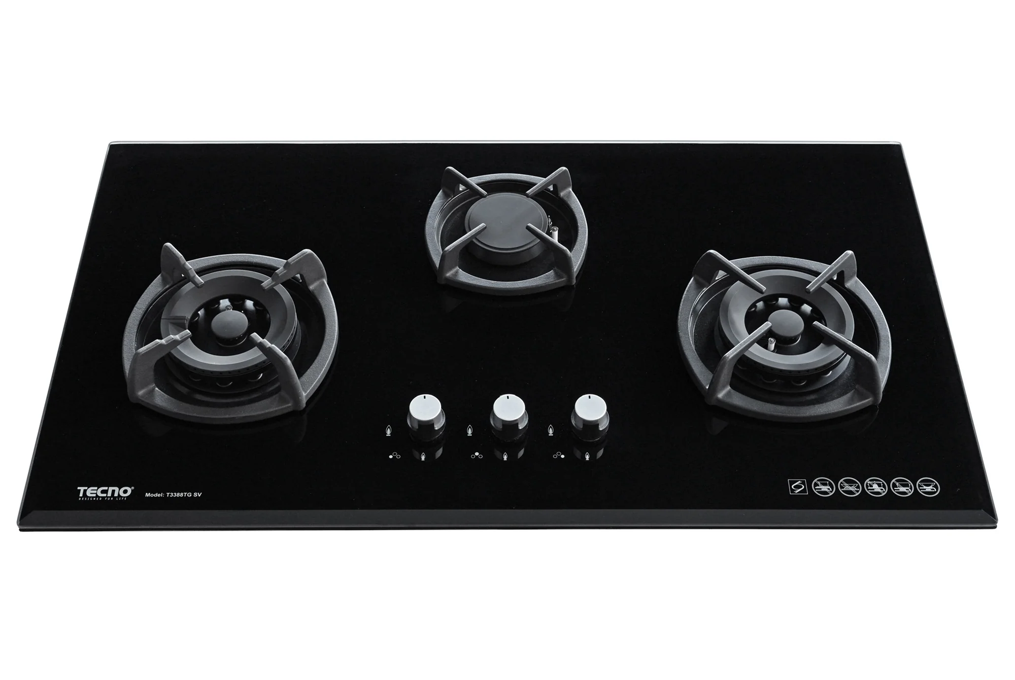 Tecno 3-Burner 88cm Glass Cooker Hob with Inferno Wok Burner Technology